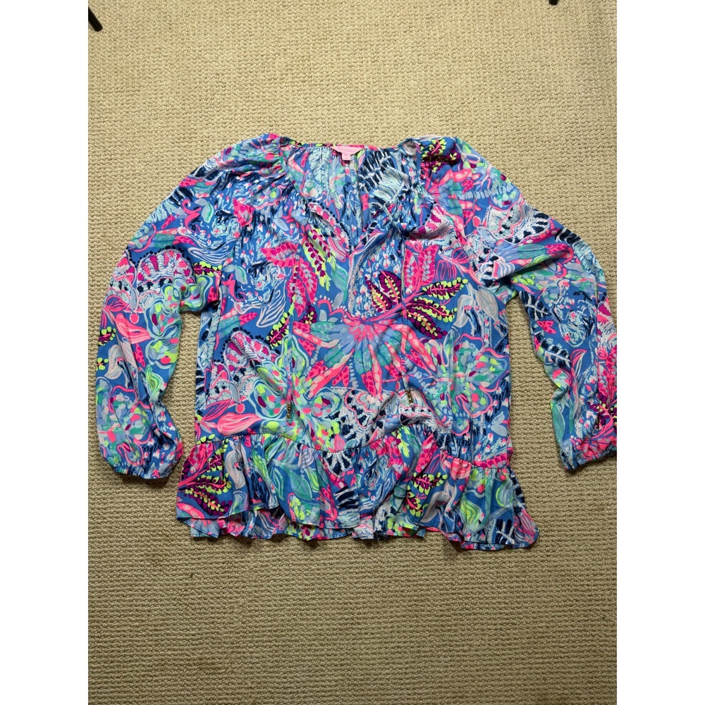 Lilly Pulitzer XL Blue Pink Floral Peplum Tie Neck Long Sleeve Blouse Top Silk